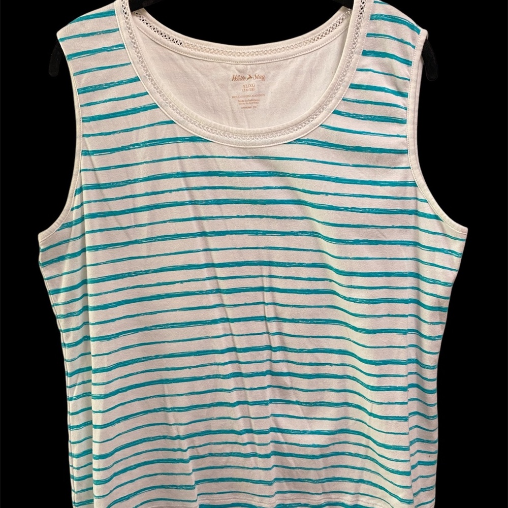 NWOT White Stag Tank Top White Blue Green Stripe XL 16-18 Sleeveless Cotton